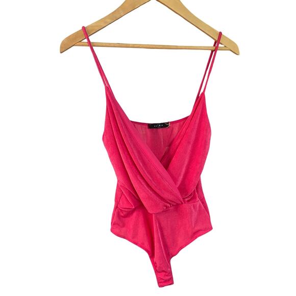 21 Saints Fuchsia Pink Wrap-Front Bodysuit – Spaghetti Strap One-Piece Size S - Picture 2 of 6